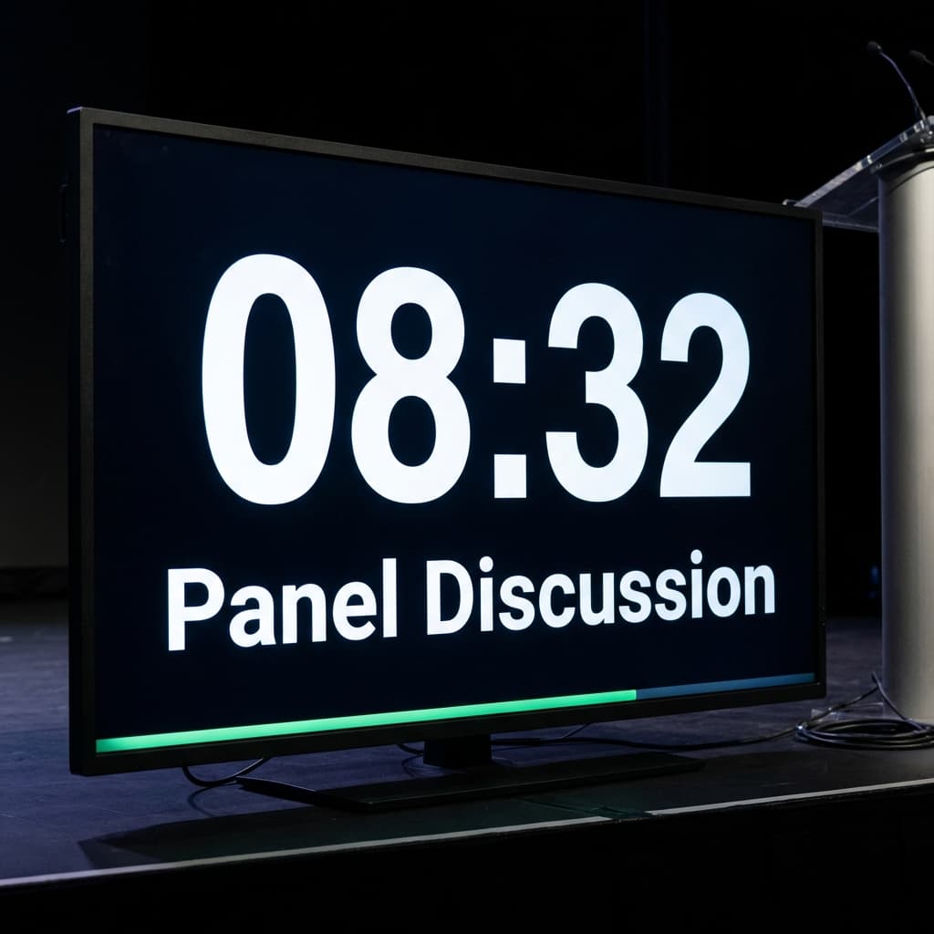 A speaker display on a monitor beside a lectern, showing 08:32 remaining for the Panel Discussion segment with a green progress bar